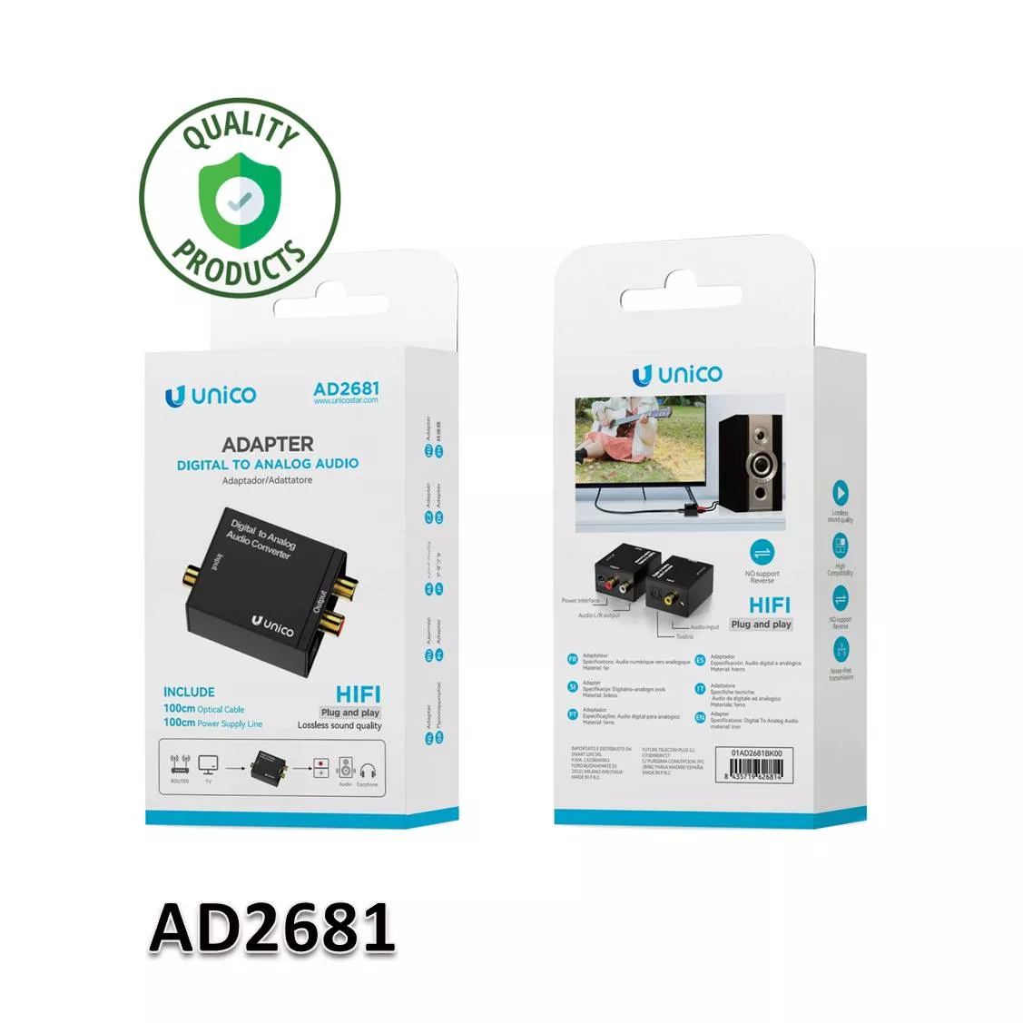 Adaptador UNICO AD2681 1-RCA Analogico 2-RCA Digital