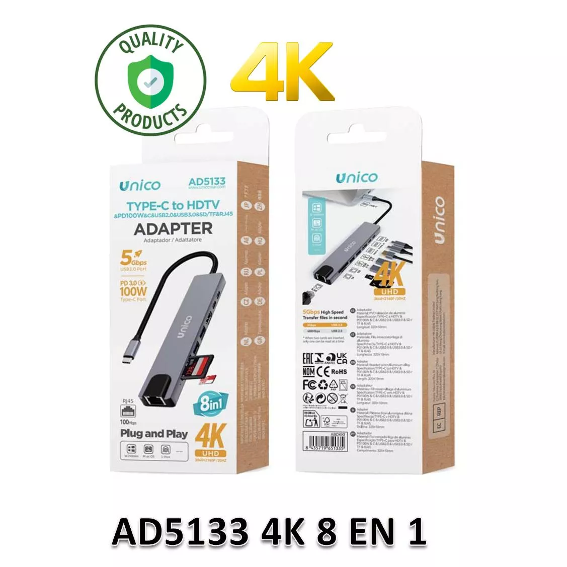Adaptador UNICO AD5133 8 en 1 4K UHD 30Hz