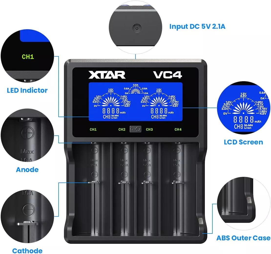 Cargador de Pilas LITIO+NI-MH XTAR VC4