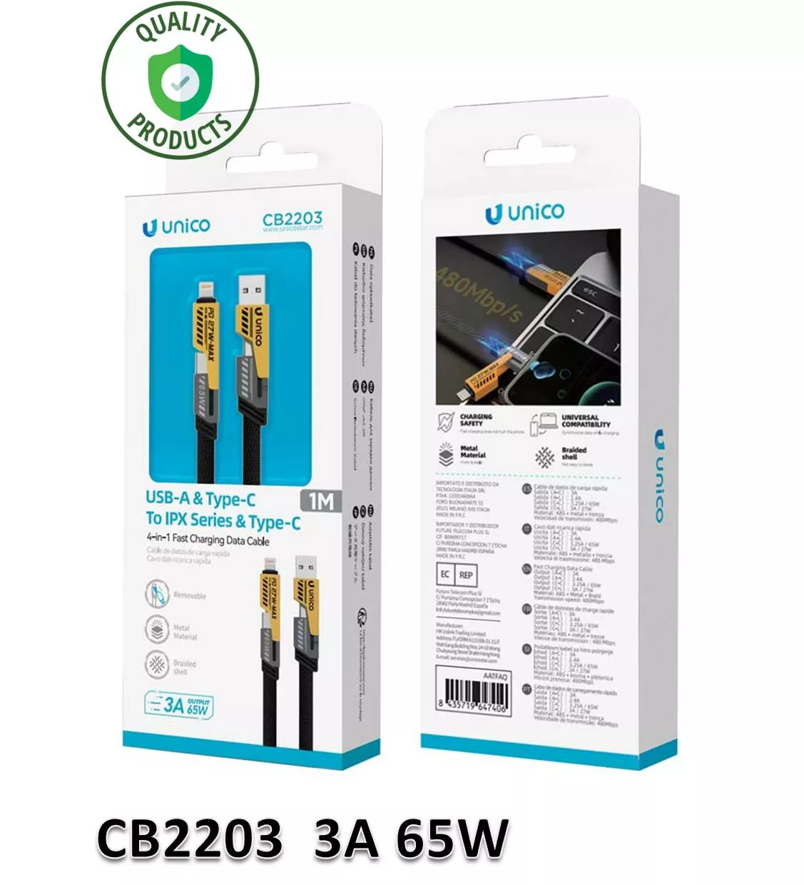 Cable UNICO CB2203 3A 65W 4 en 1 Removable