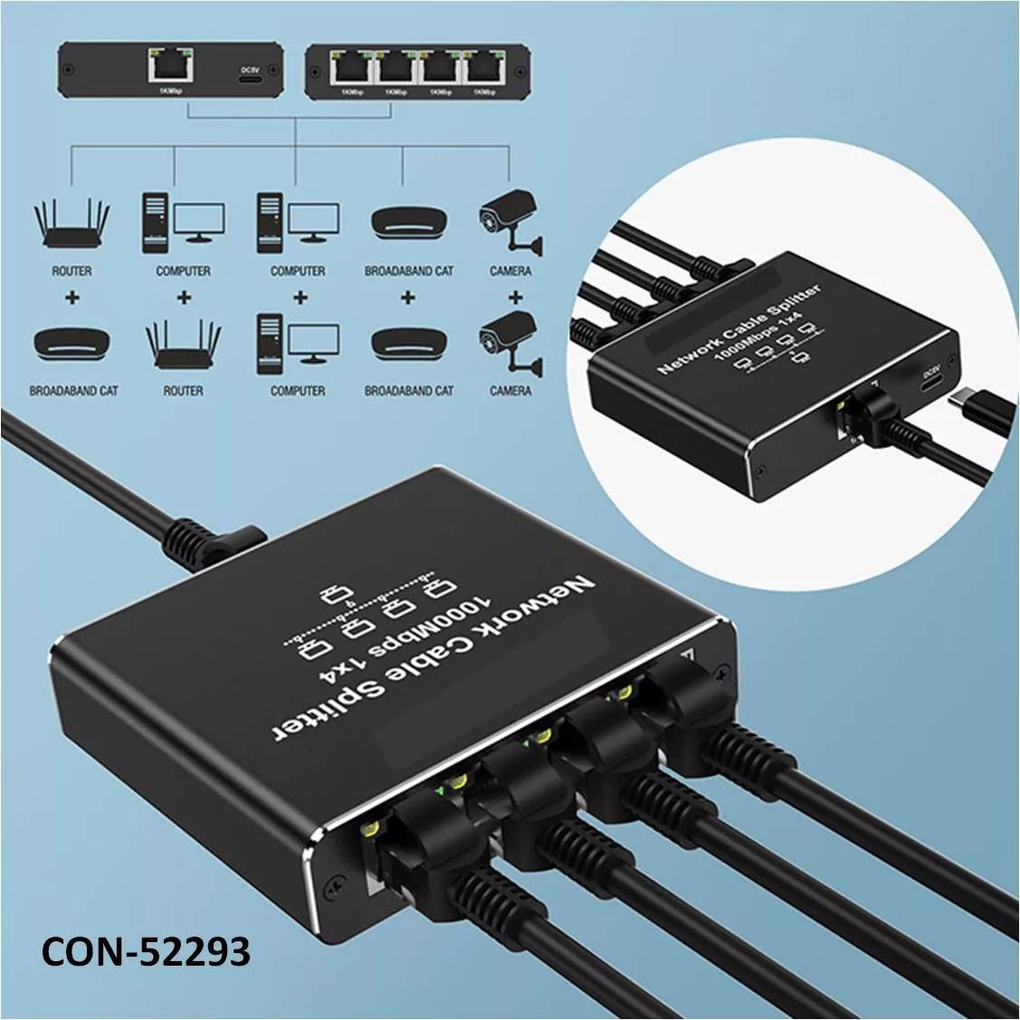 Conmutador Splitter 1Ent 4Sal RJ45 1000Mbps Aluminio