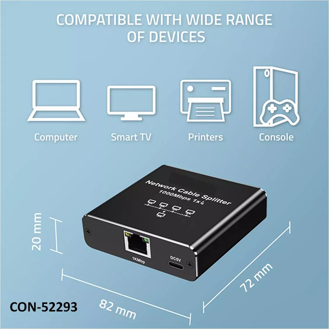 Conmutador Splitter 1Ent 4Sal RJ45 1000Mbps Aluminio