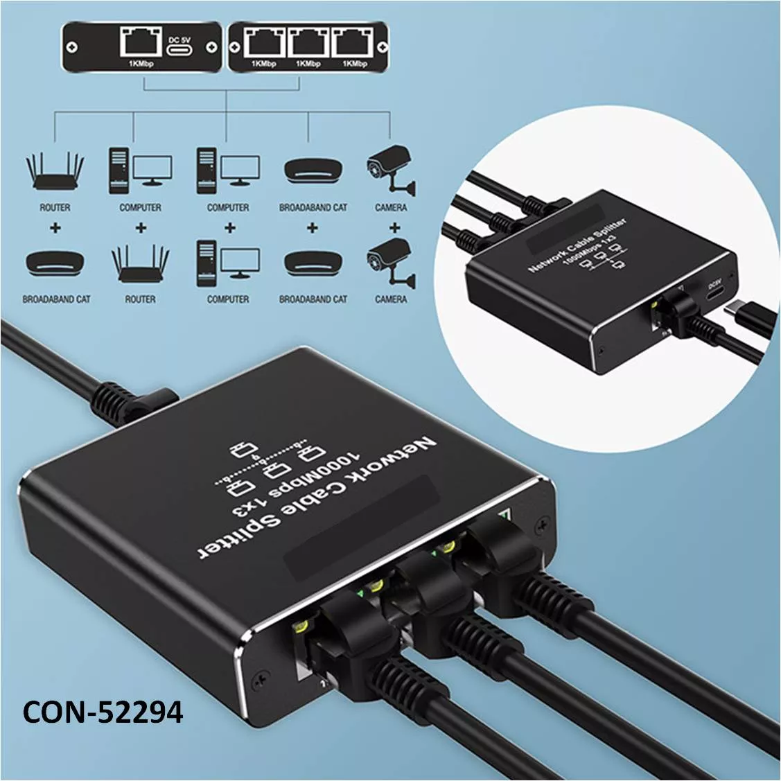 Conmutador Splitter 1Ent 3Sal RJ45 1000Mbps Aluminio