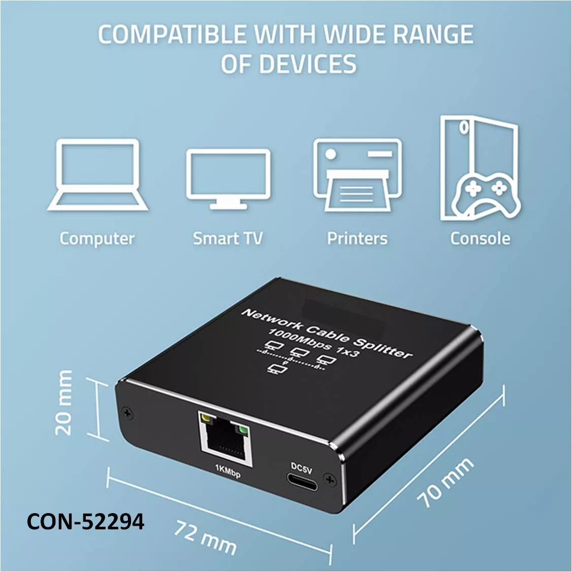 Conmutador Splitter 1Ent 3Sal RJ45 1000Mbps Aluminio