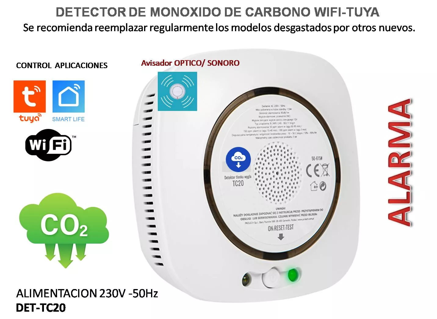 Detector de Monoxido de Carbono TC20 a Red 220V