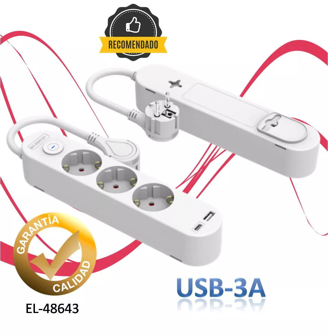 Base Multiple 3 Tomas Con Int 1.5m 3680W Con 2-USB