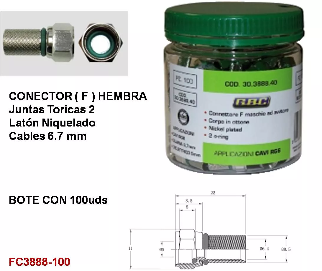 Conector F Hembra Quality Bote 100uds Profesional