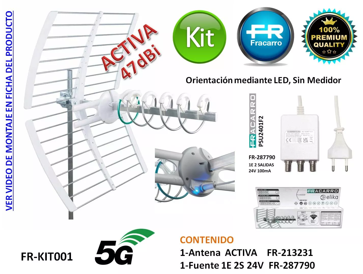 Kit Antena TDT Activa ganancia 47dBi Con Fuente Fracarro