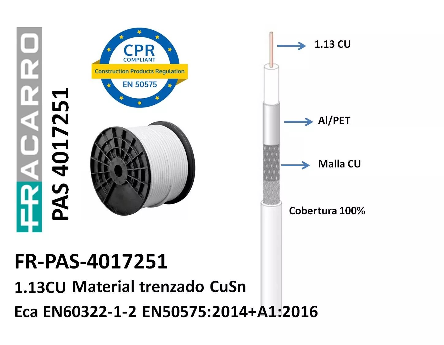 Cable Coaxial Fracarro PAS4017251 6.8mm 1.13 CU-CU Blanco