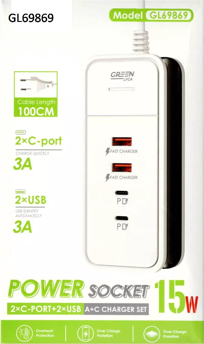 Regleta con 4 puertos 2-USB-A 2-USB-C 3Amp 15Wts