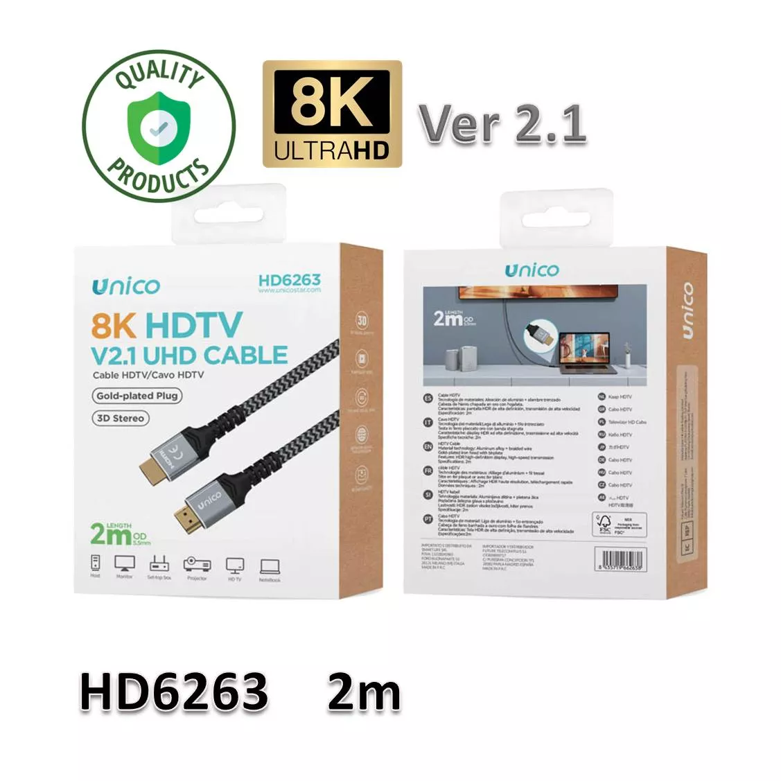 Cable UNICO HD6263 HDMI 8K 2.1 2M Calidad Aluminio