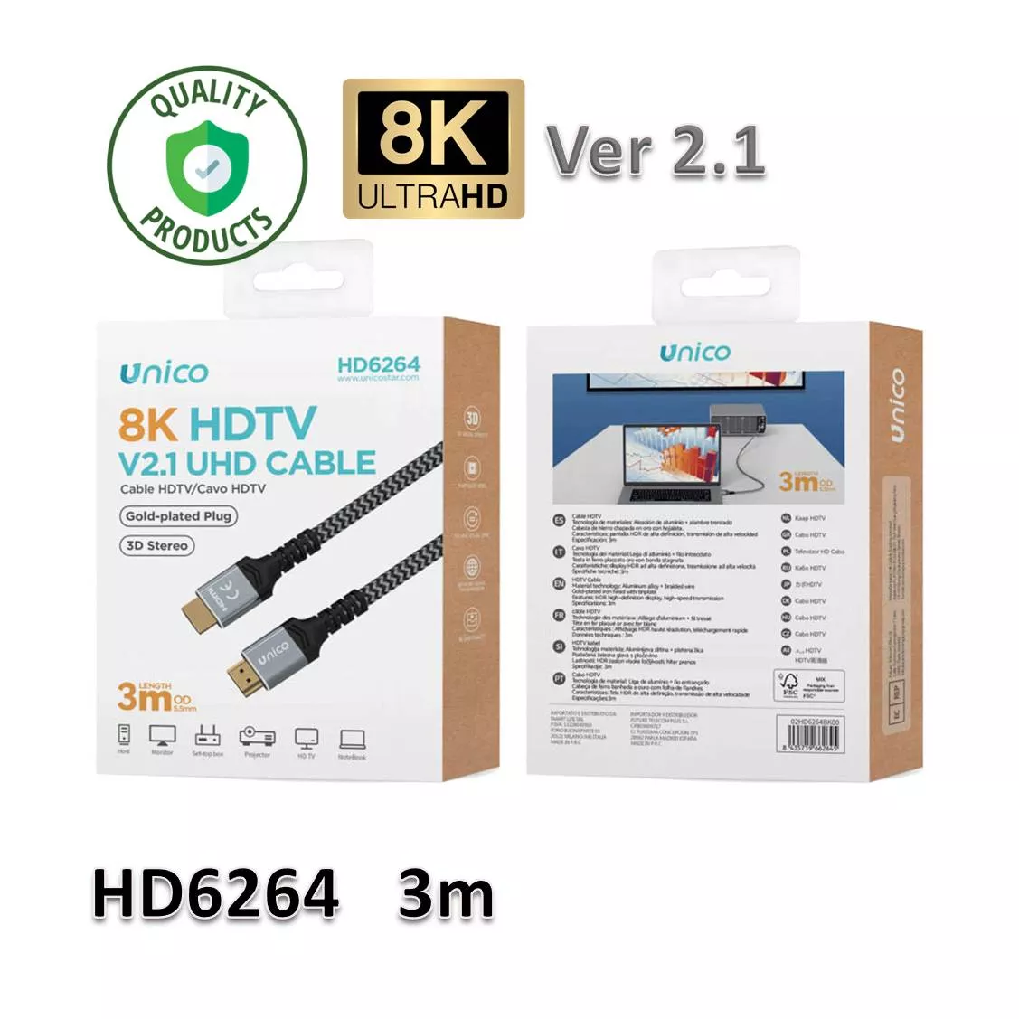 Cable UNICO HD6264 HDMI 8K 2.1 3M Calidad Aluminio