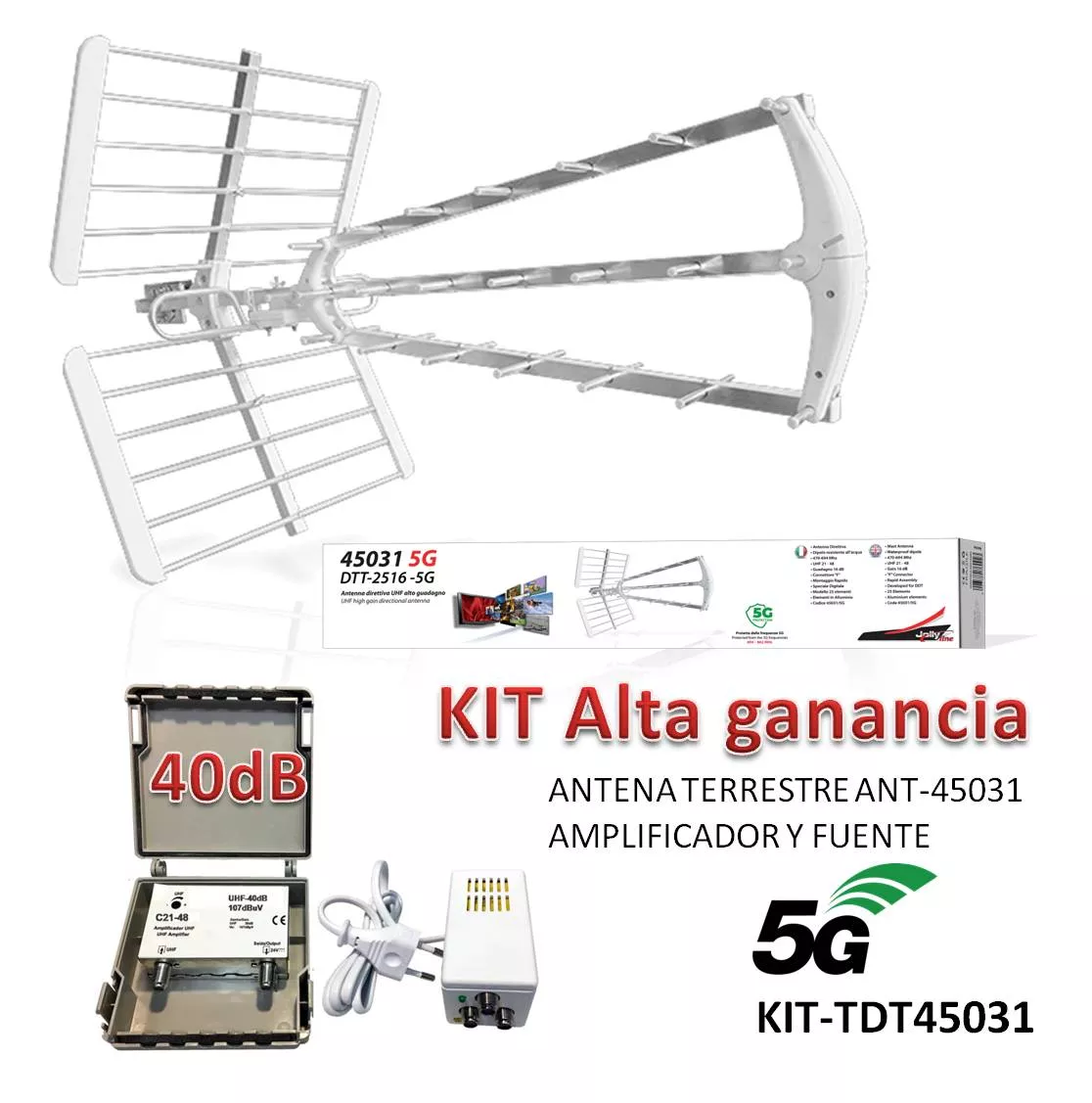 KIT Antena TDT 5G Exterior de Alta Potencia 40dB Reales KIT-TDT45031