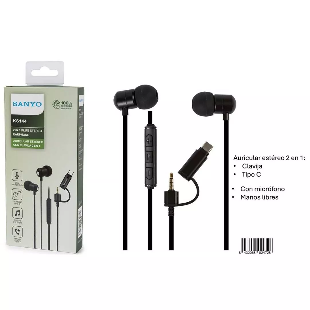 Auricular Sanyo KS144 2 en 1 Clavija Jack + Tipo C
