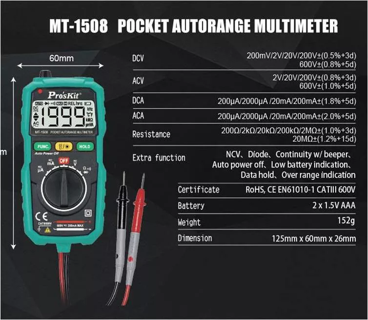 Multimetro digital automatico PROSKIT MT-1508