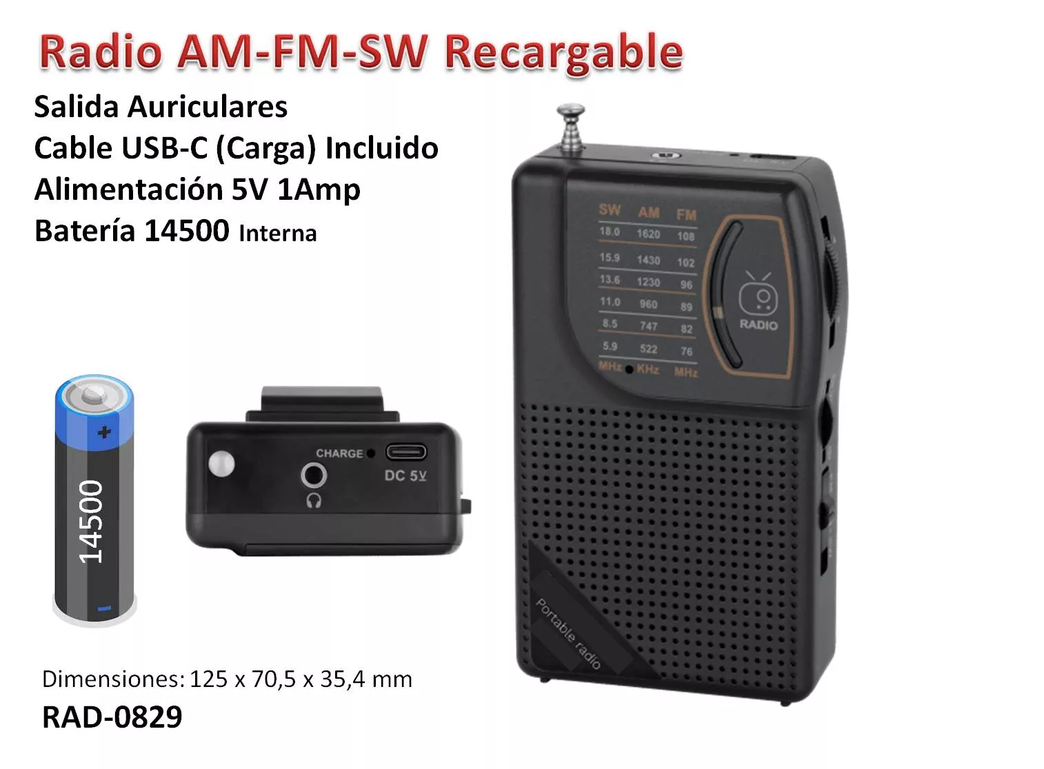 Radio Recargable 3 Bandas Bateria 14500 Interna