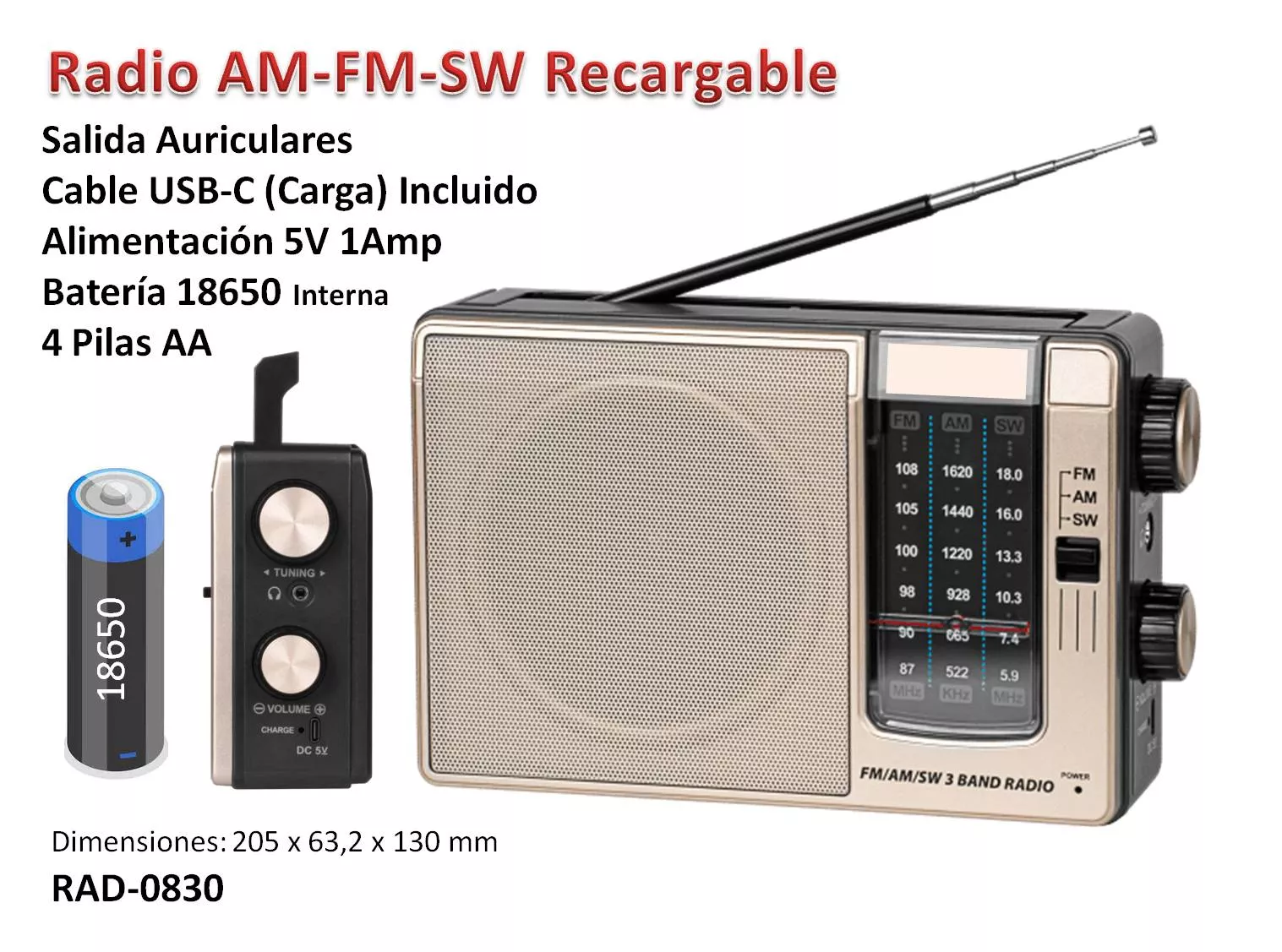 Radio Recargable 3 Bandas Bateria 18650 Interna