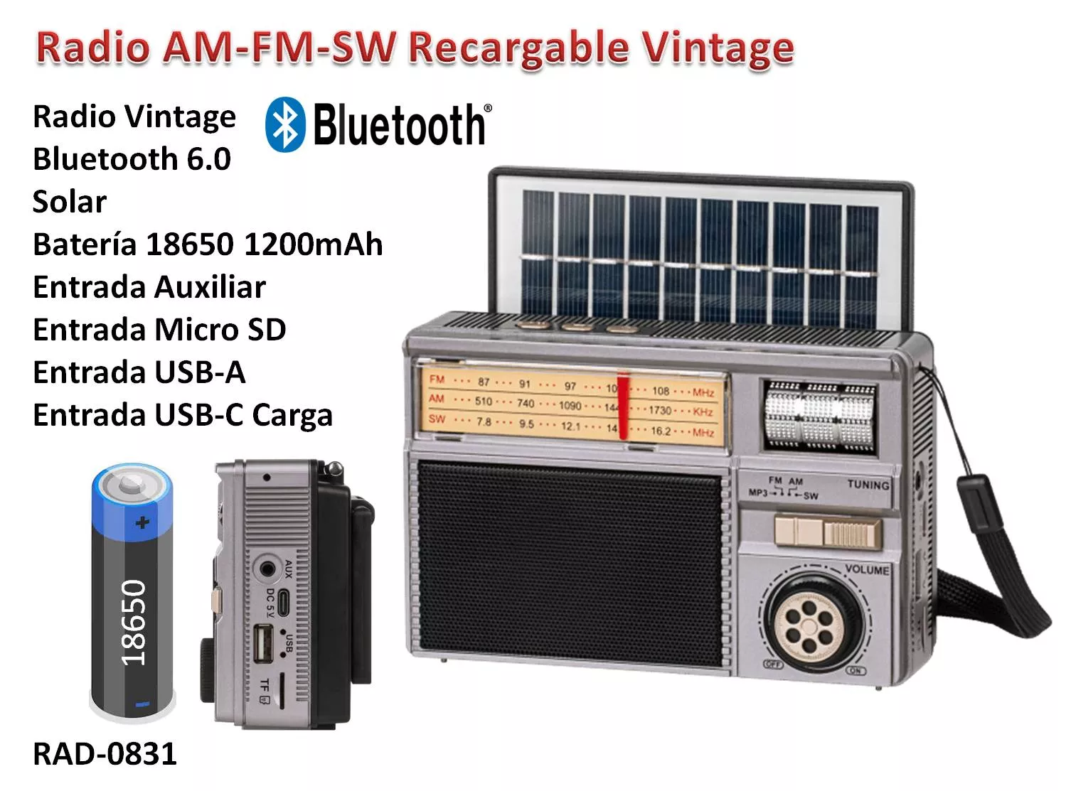 Radio Vintage Recargable y Solar 3 Bandas Bateria Interna