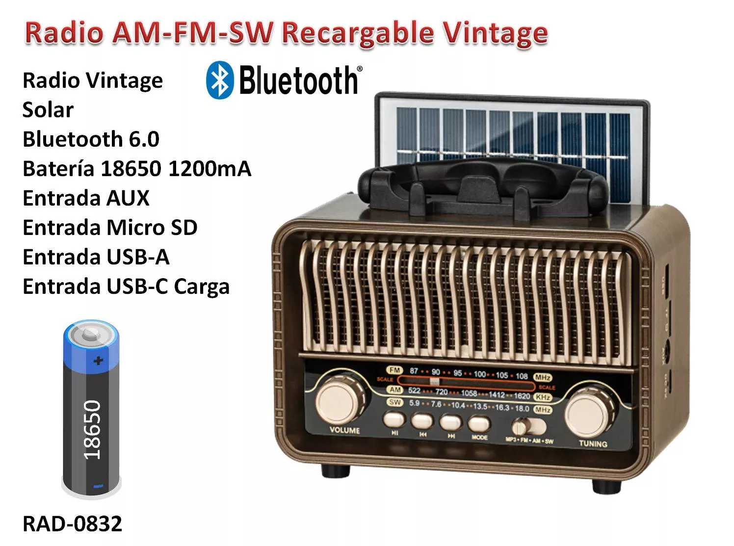 Radio Vintage Recargable y Solar 3 Bandas Bateria Interna