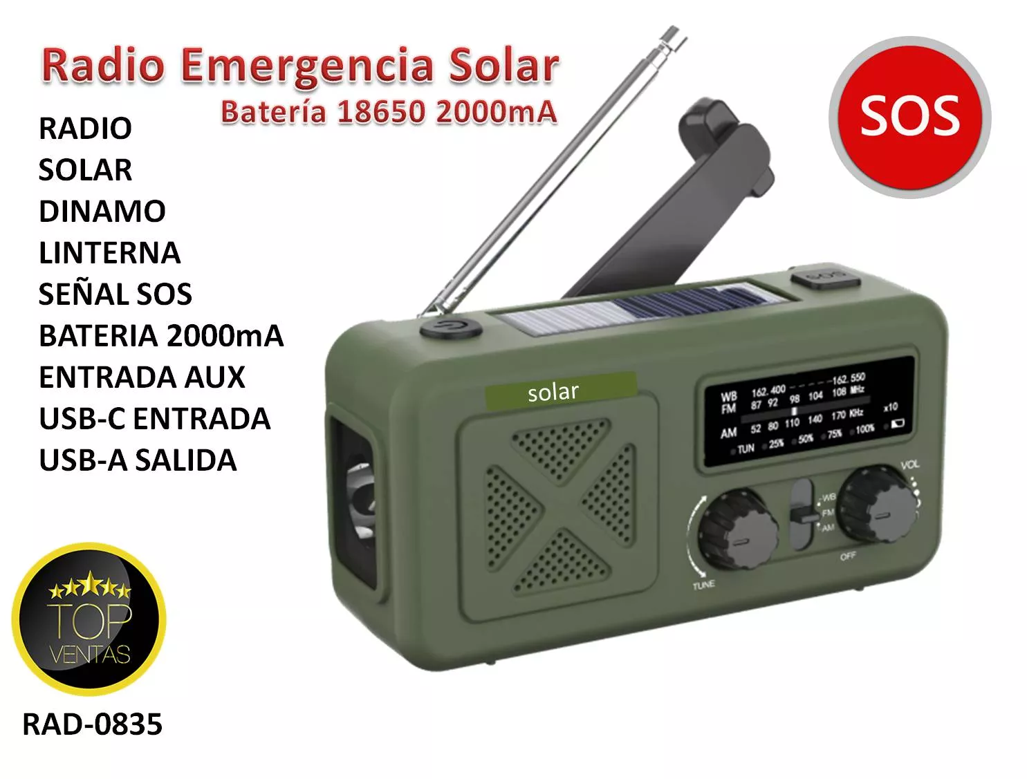 Radio Emergencia SOS Solar con Dinamo Bateria 2000mA