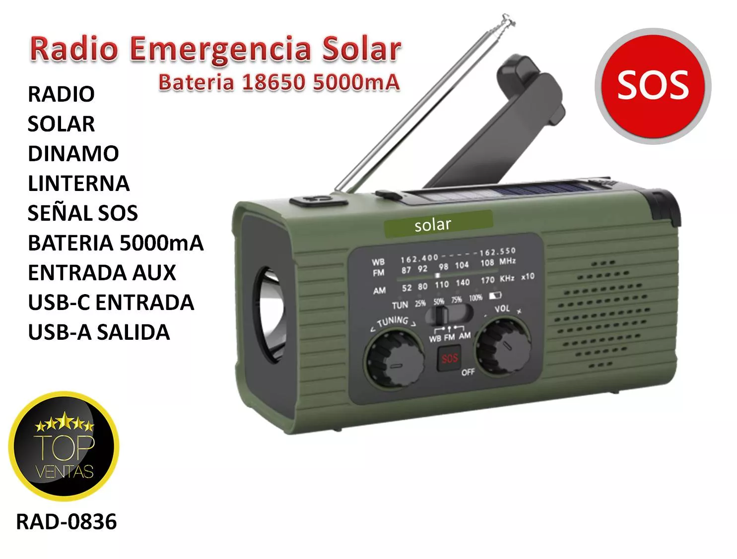 Radio Emergencia SOS Solar con Dinamo Bateria 5000mA