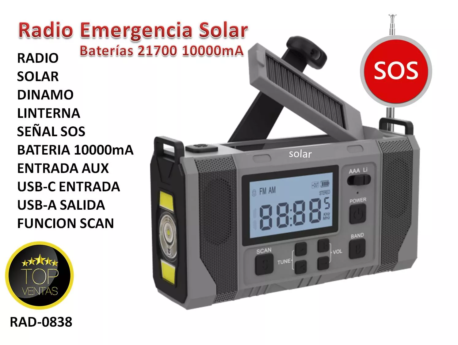 Radio Emergencia SOS Solar con Dinamo Bateria 10000mA