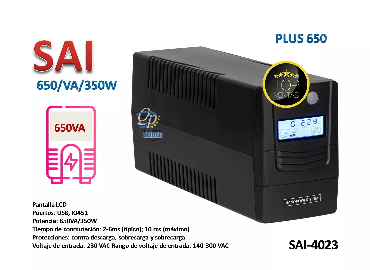 SAI UPS 650VA 350W Con Pantalla LCD