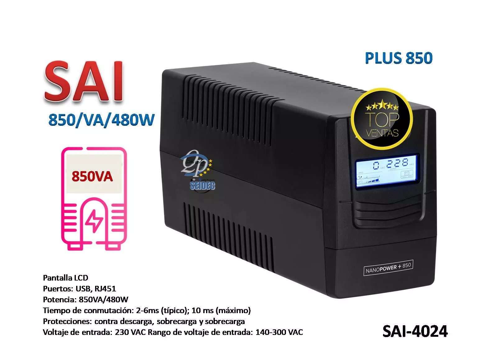 SAI UPS 850VA 480W Con Pantalla LCD