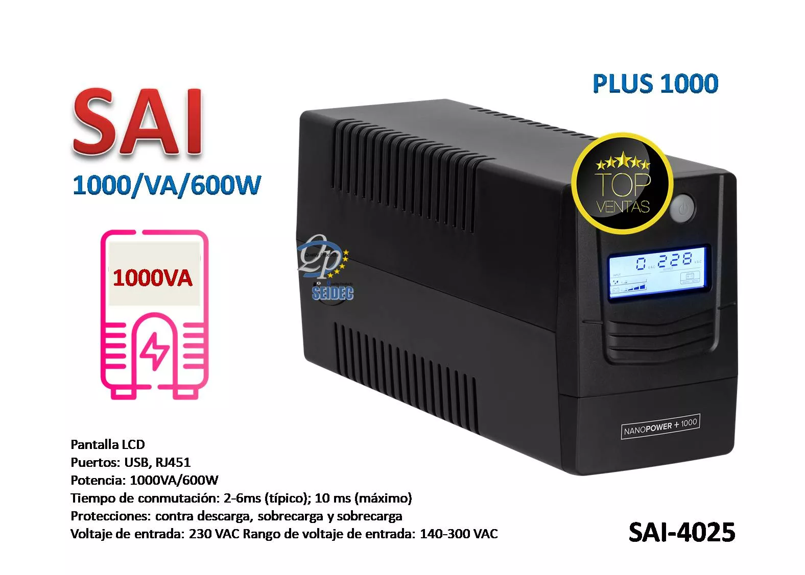SAI UPS 1000VA 600W Con Pantalla LCD