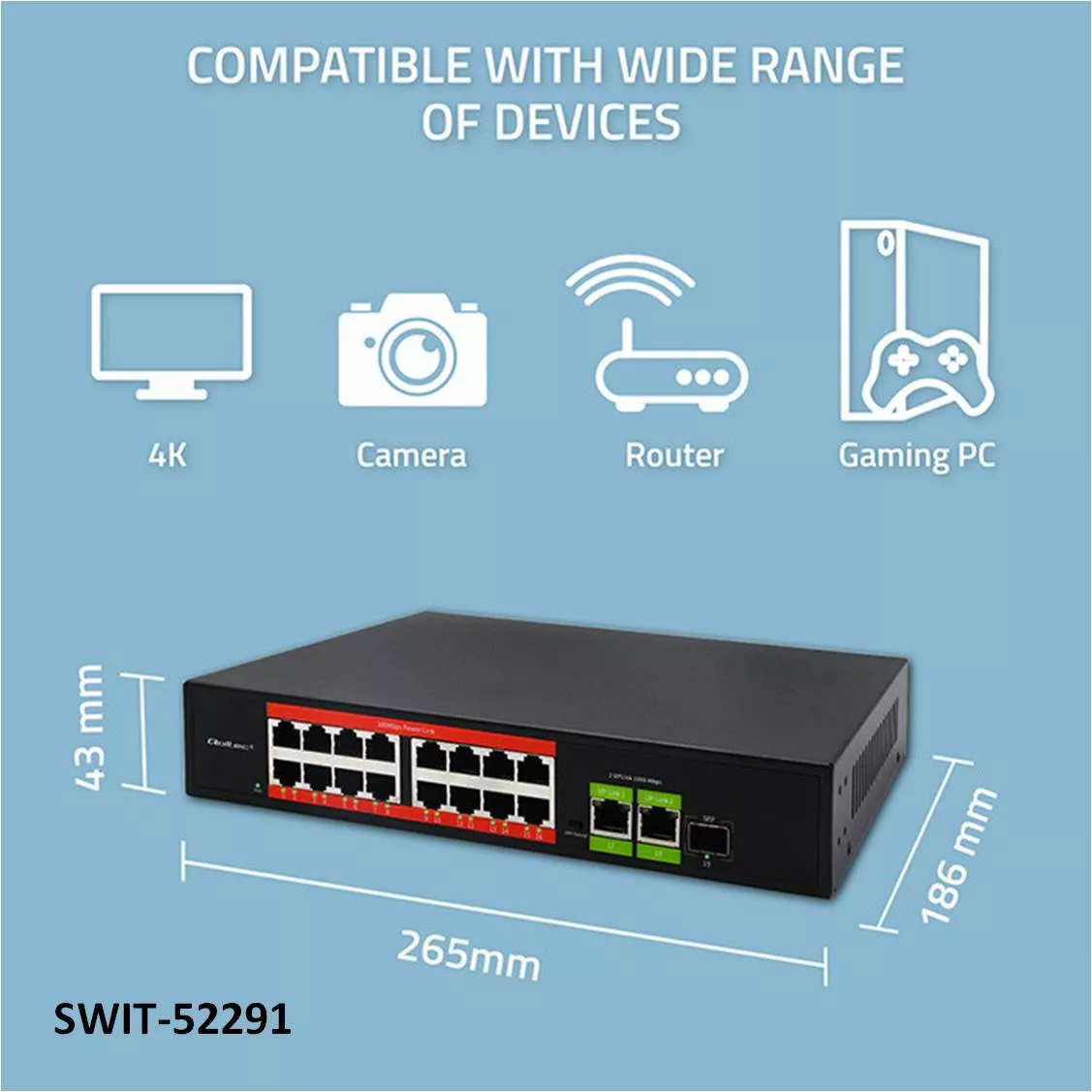 Switch 16 Salidas RJ45 +PoE +2Uplink +1SFP