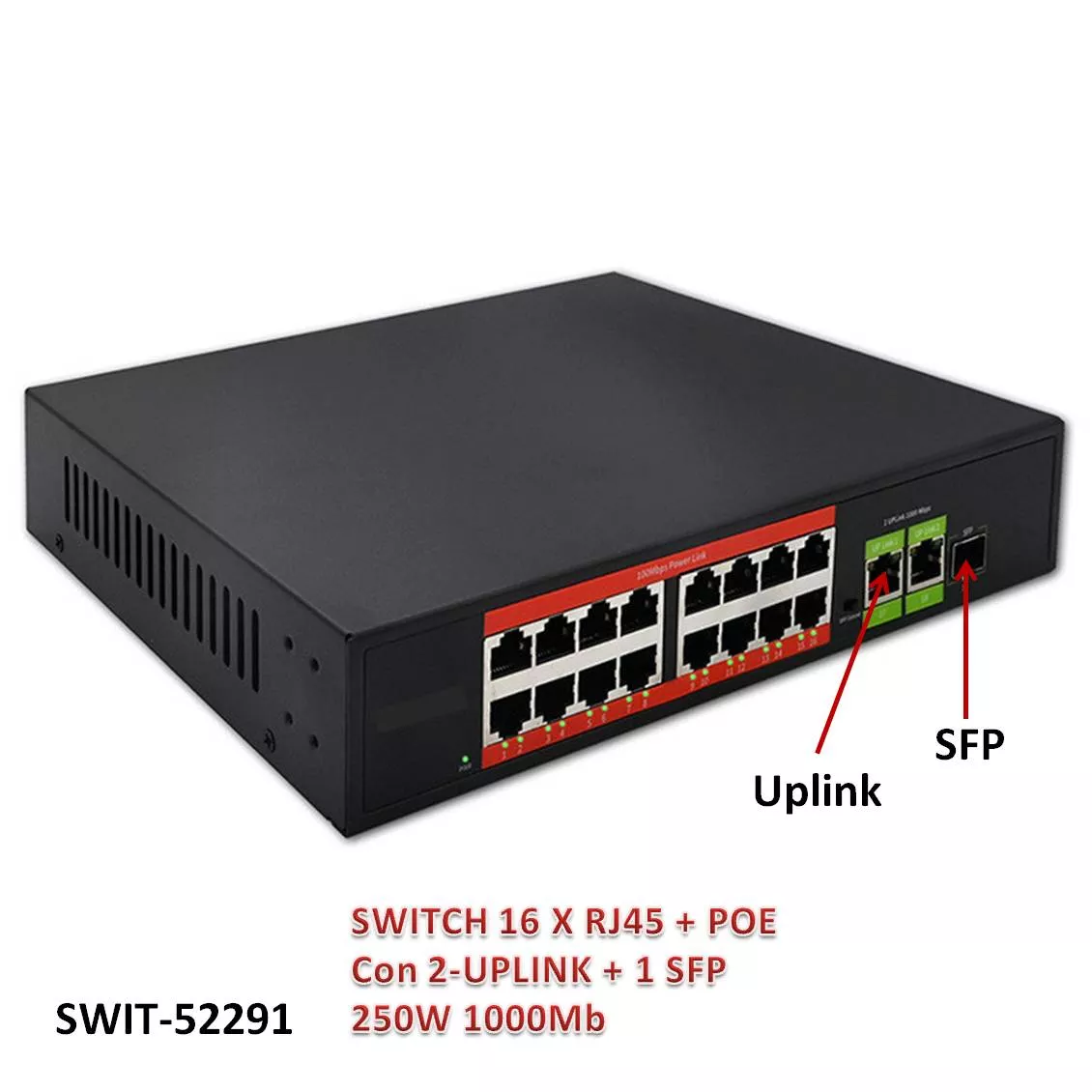 Switch 16 Salidas RJ45 +PoE +2Uplink +1SFP