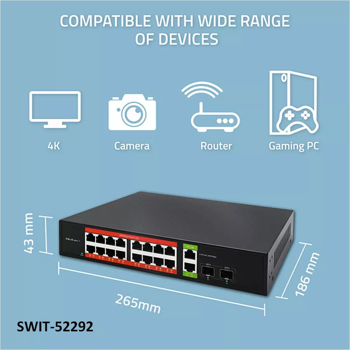 Switch 16 Salidas RJ45 +PoE +2Uplink +2SFP