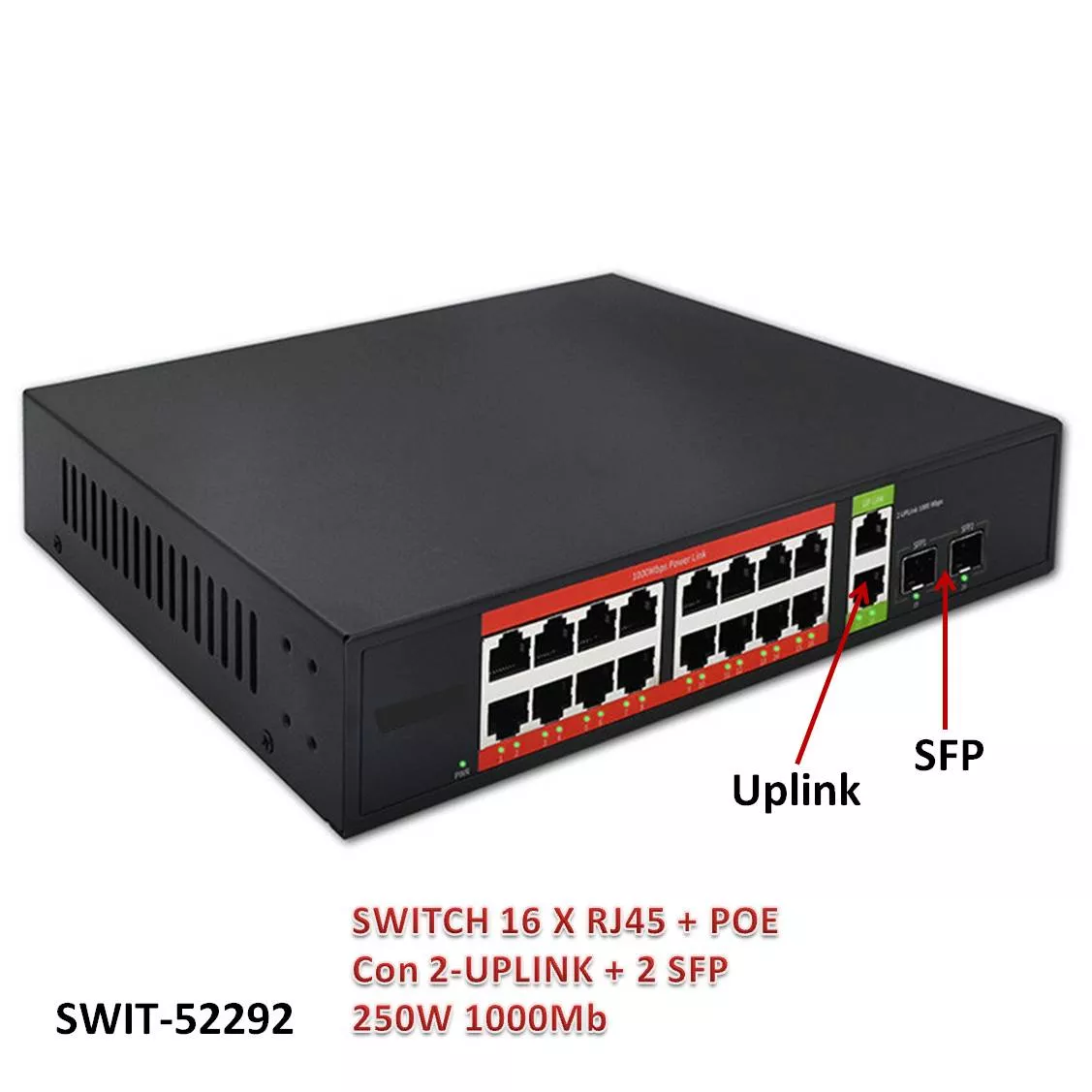 Switch 16 Salidas RJ45 +PoE +2Uplink +2SFP