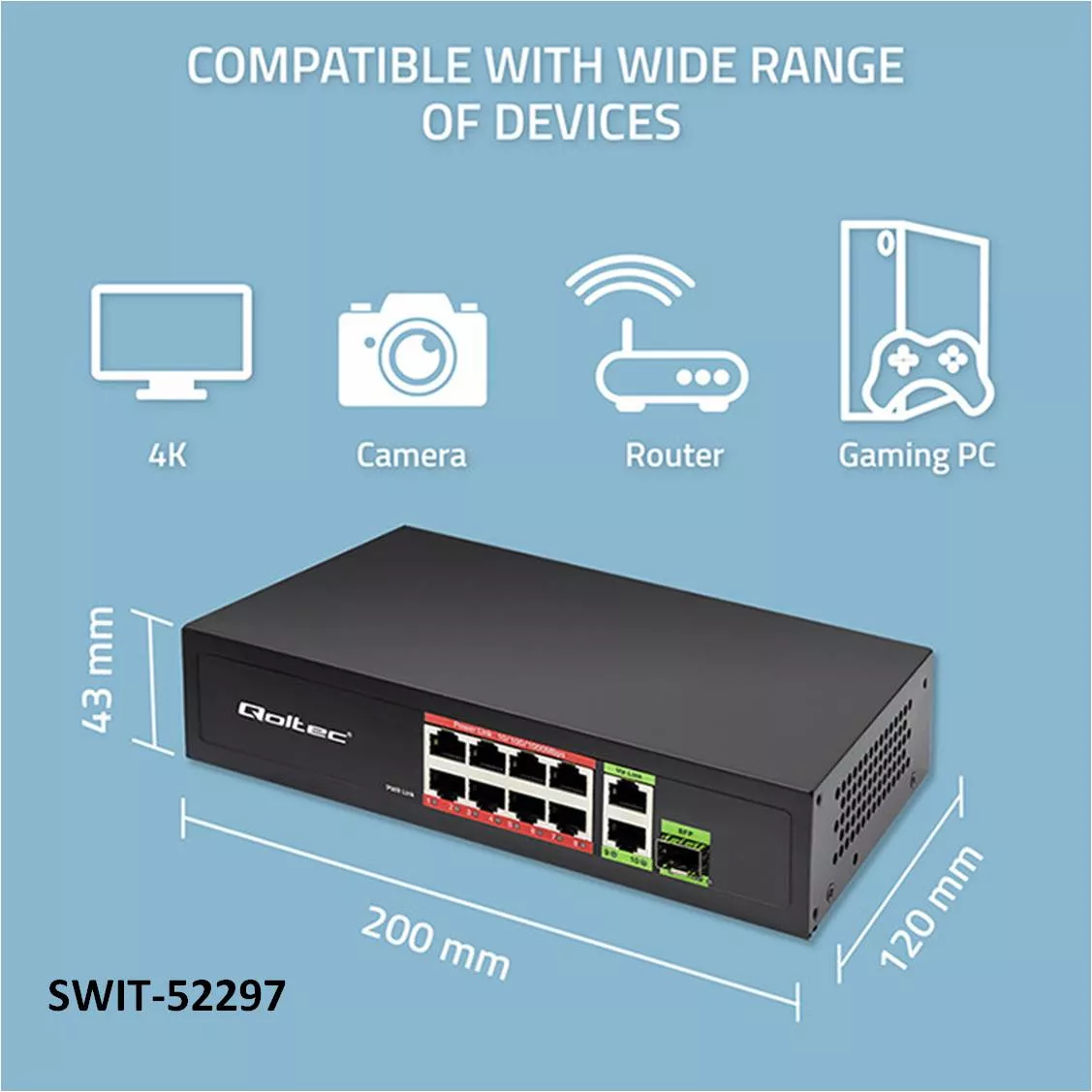 Switch 8 Salidas RJ45 +PoE +2Uplink +1SFP
