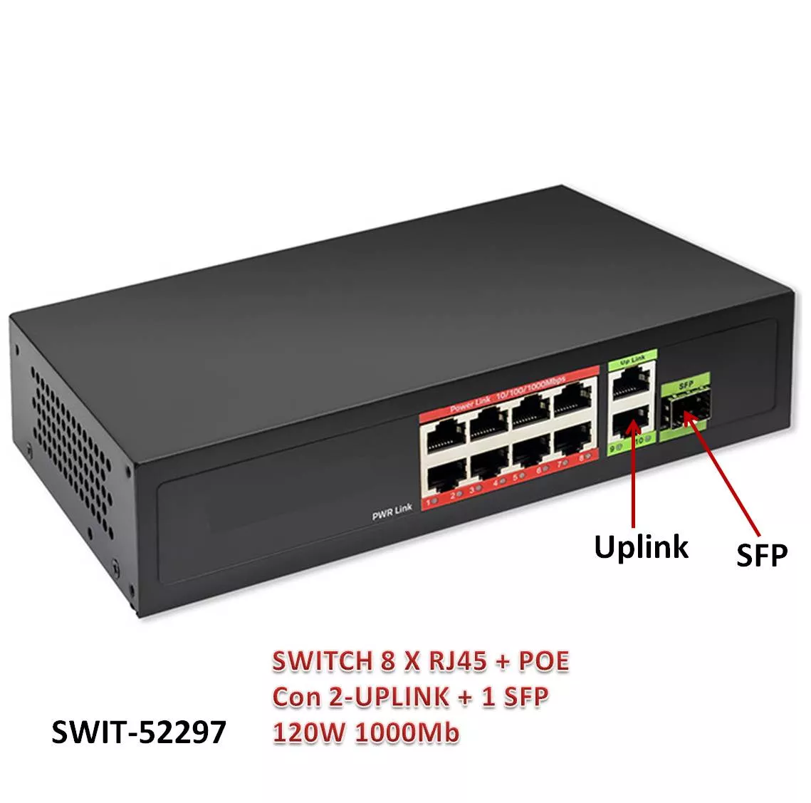 Switch 8 Salidas RJ45 +PoE +2Uplink +1SFP